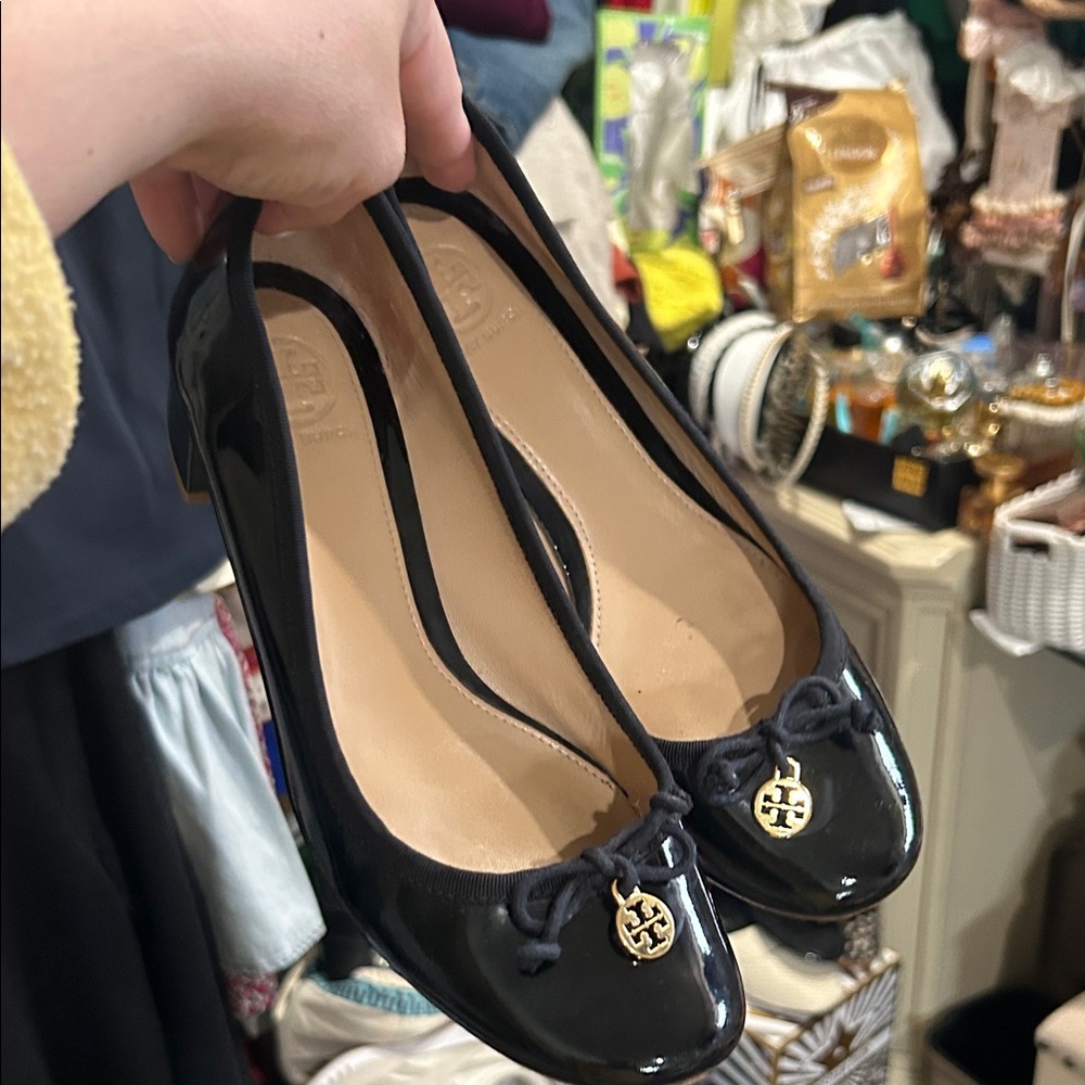 Tory Burch Glossy Black Flats with Gold Accents
